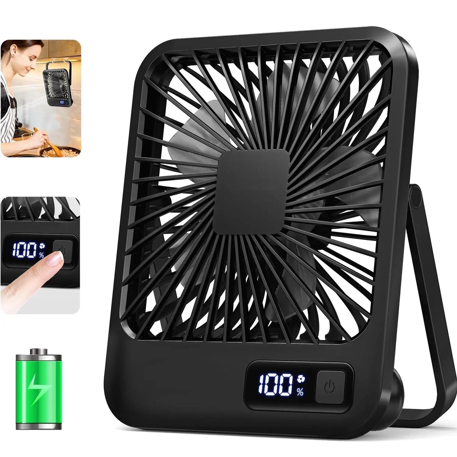 Desk Fan, Portable USB Rechargeable Fan, 180° Tilt Folding Personal Fan with Power Display, 5 Speeds Ultra Quiet Table Fan