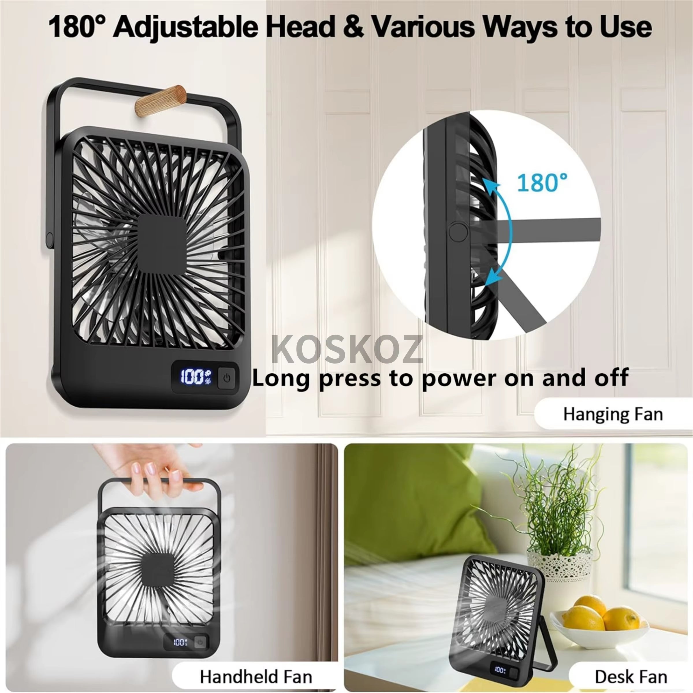 Desk Fan, Portable USB Rechargeable Fan, 180° Tilt Folding Personal Fan with Power Display, 5 Speeds Ultra Quiet Table Fan